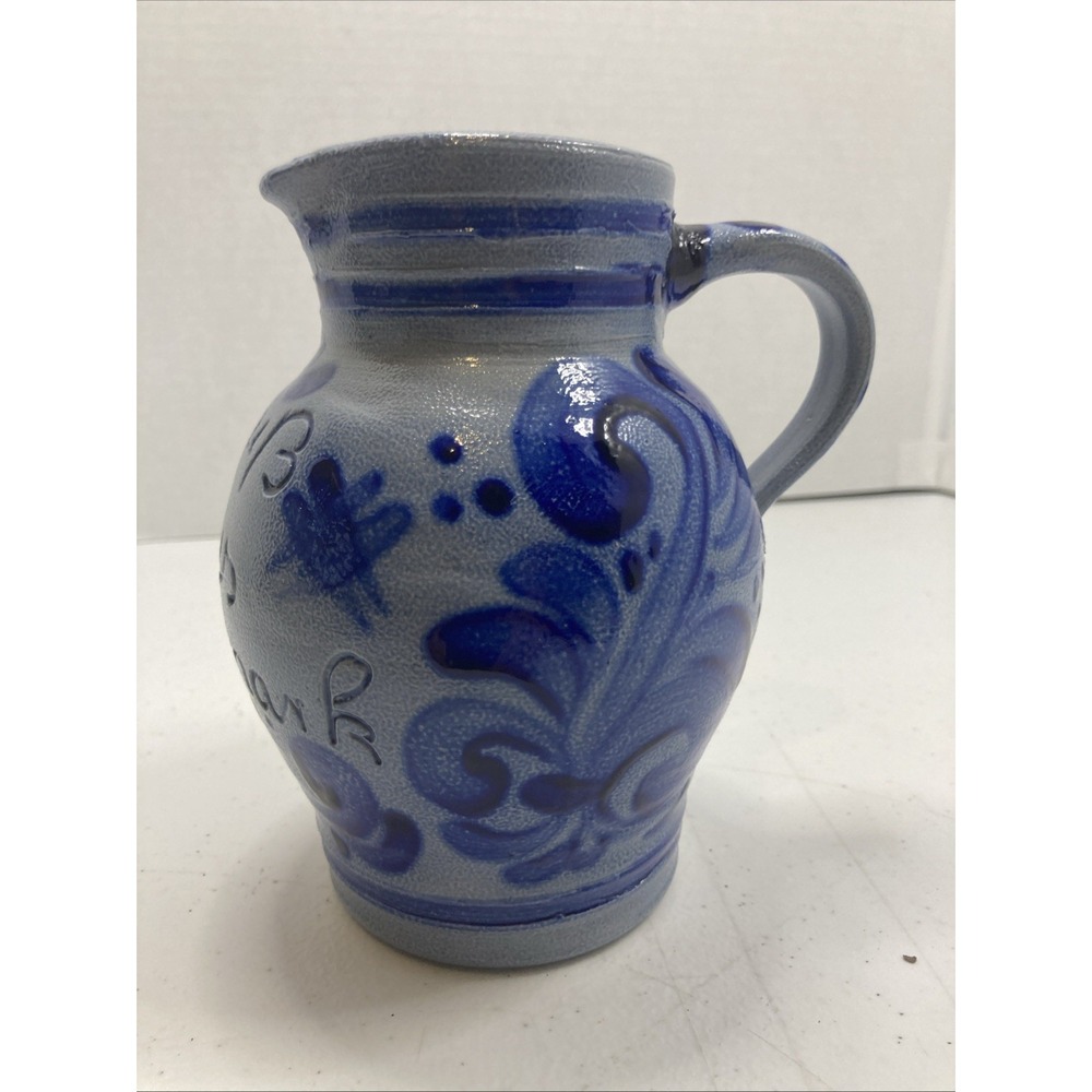 Vintage German Salt Glaze Pitcher Handle Blue Stripe 1/2 L  5.75" - Picture 3 of 14